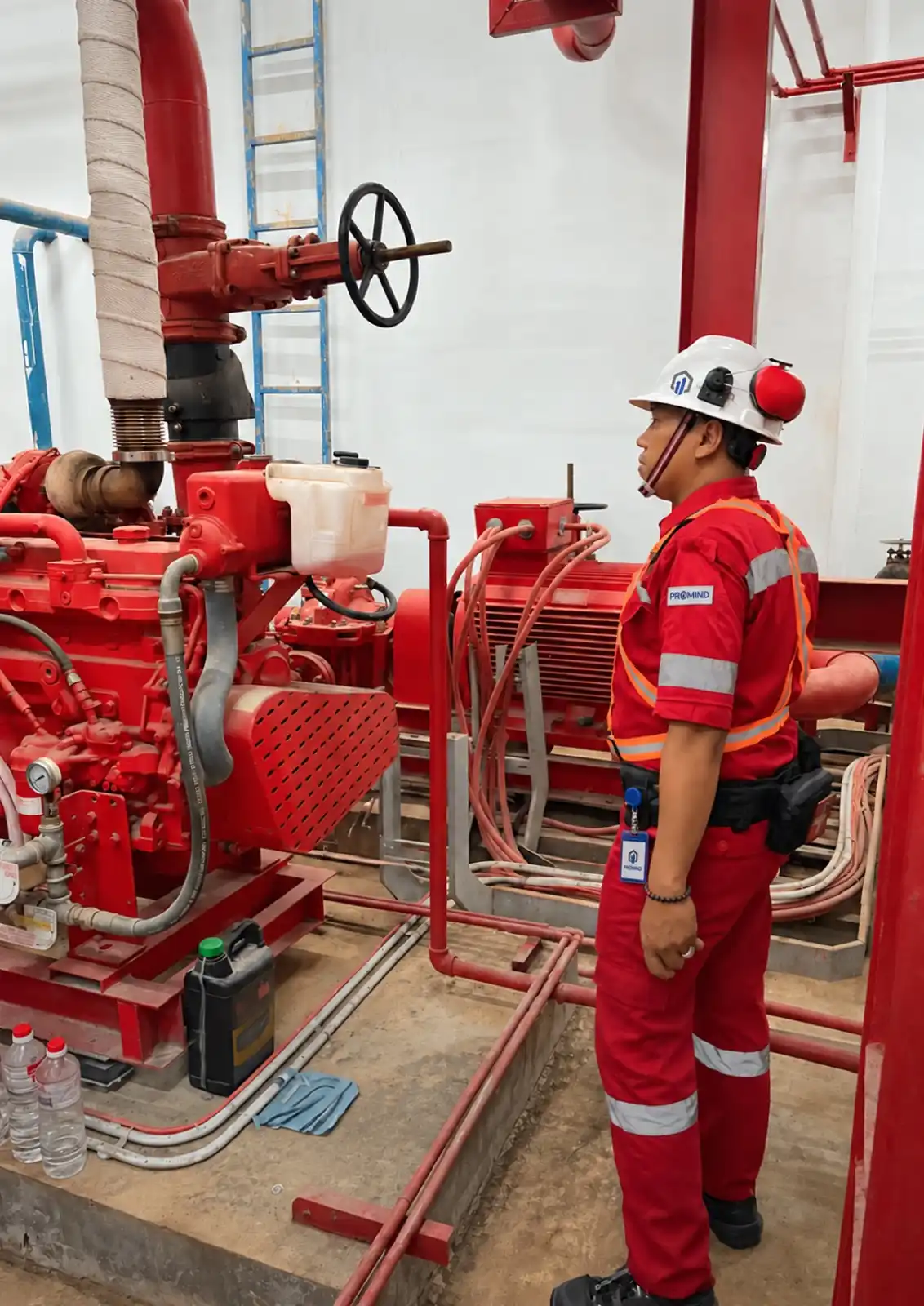 Petugas HSE PROMIND berseragam merah dan berhelm memeriksa pompa dan perpipaan pemadam kebakaran.